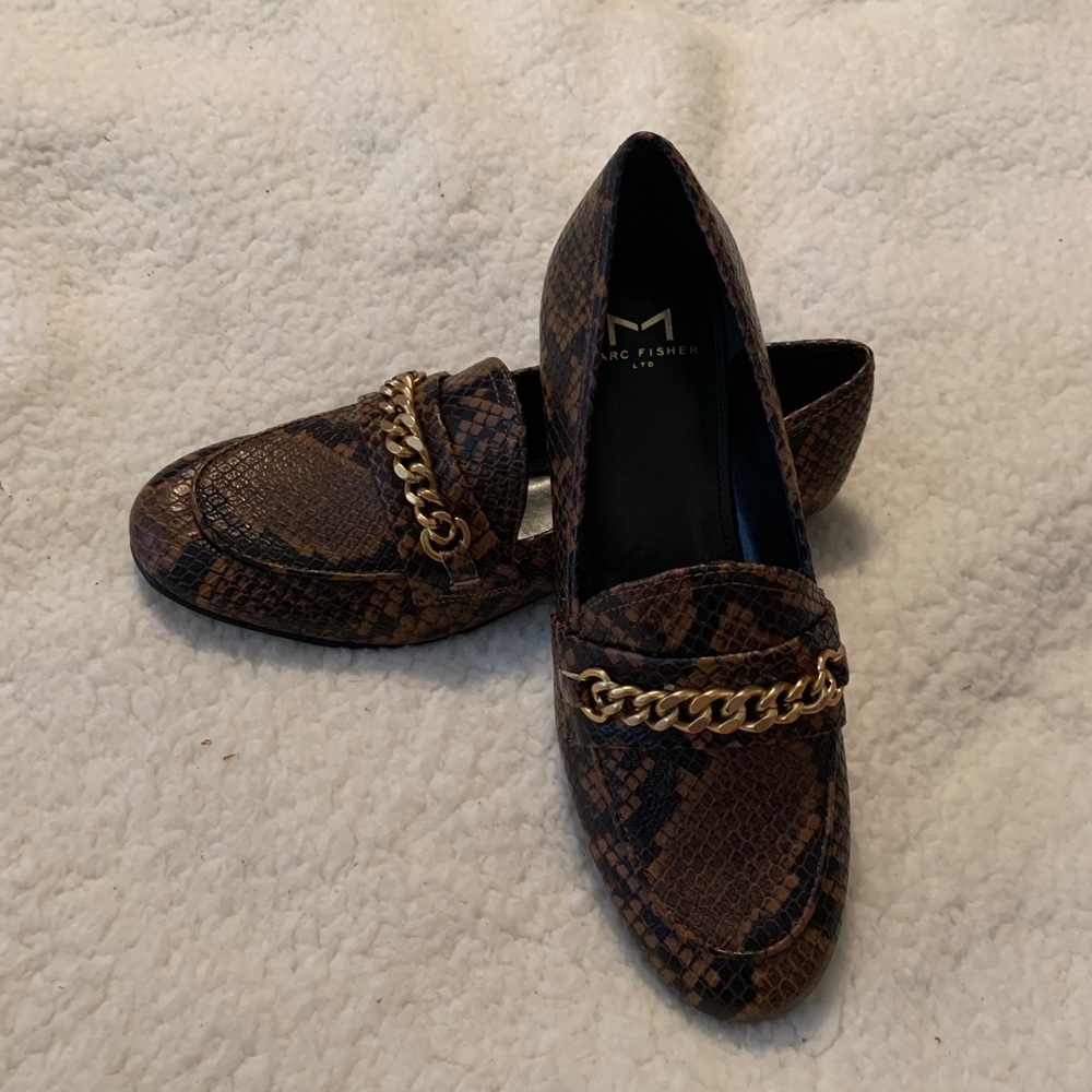 Marc Fisher Brown Snake-Print Flats with Gold Chain Detail